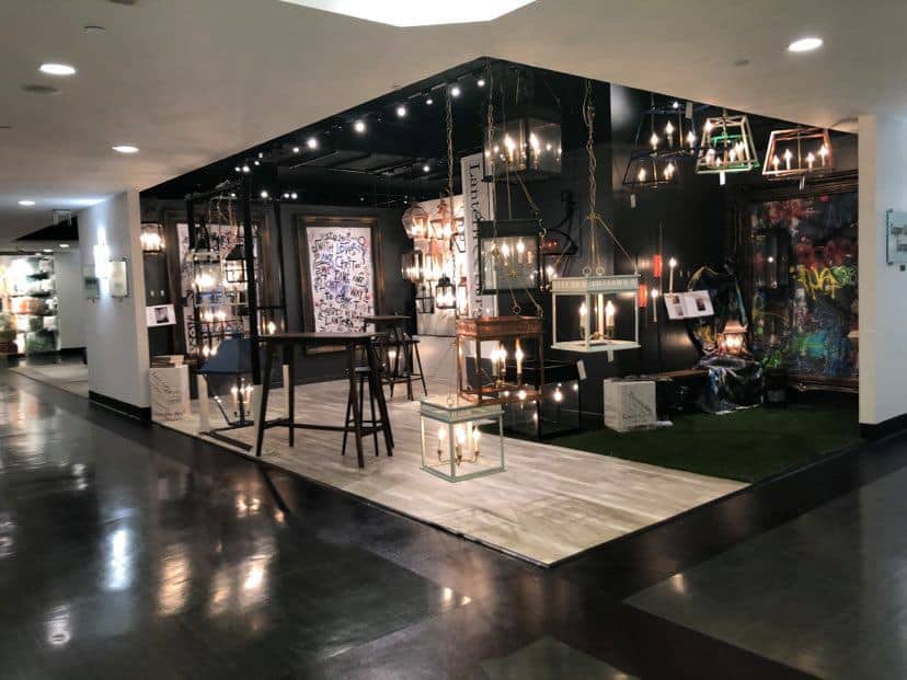 Lantern & Scroll's showroom at High Point Market lit up with beautiful electric lights